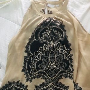 High neck silky tan tank with black graphic print